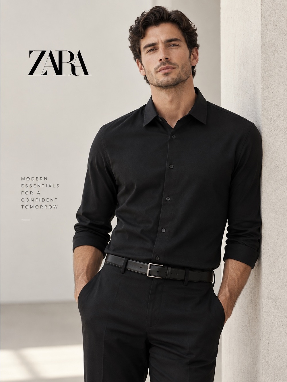 Zara Slim Fit Stretch Button Down Shirt black size Medium